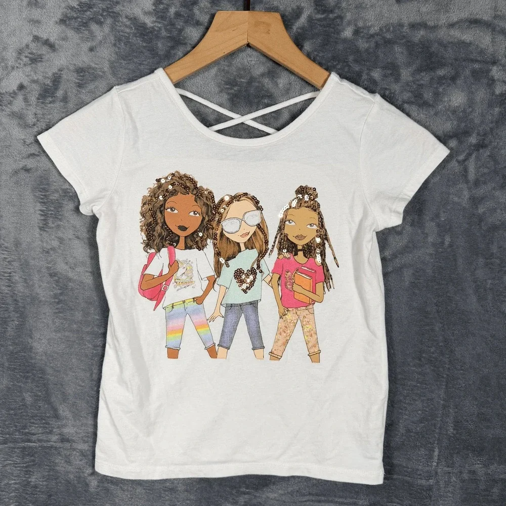 Place Girls Graphic T-Shirt Size M 7-8 White Sequin Criss Cross‎ Back Tee
